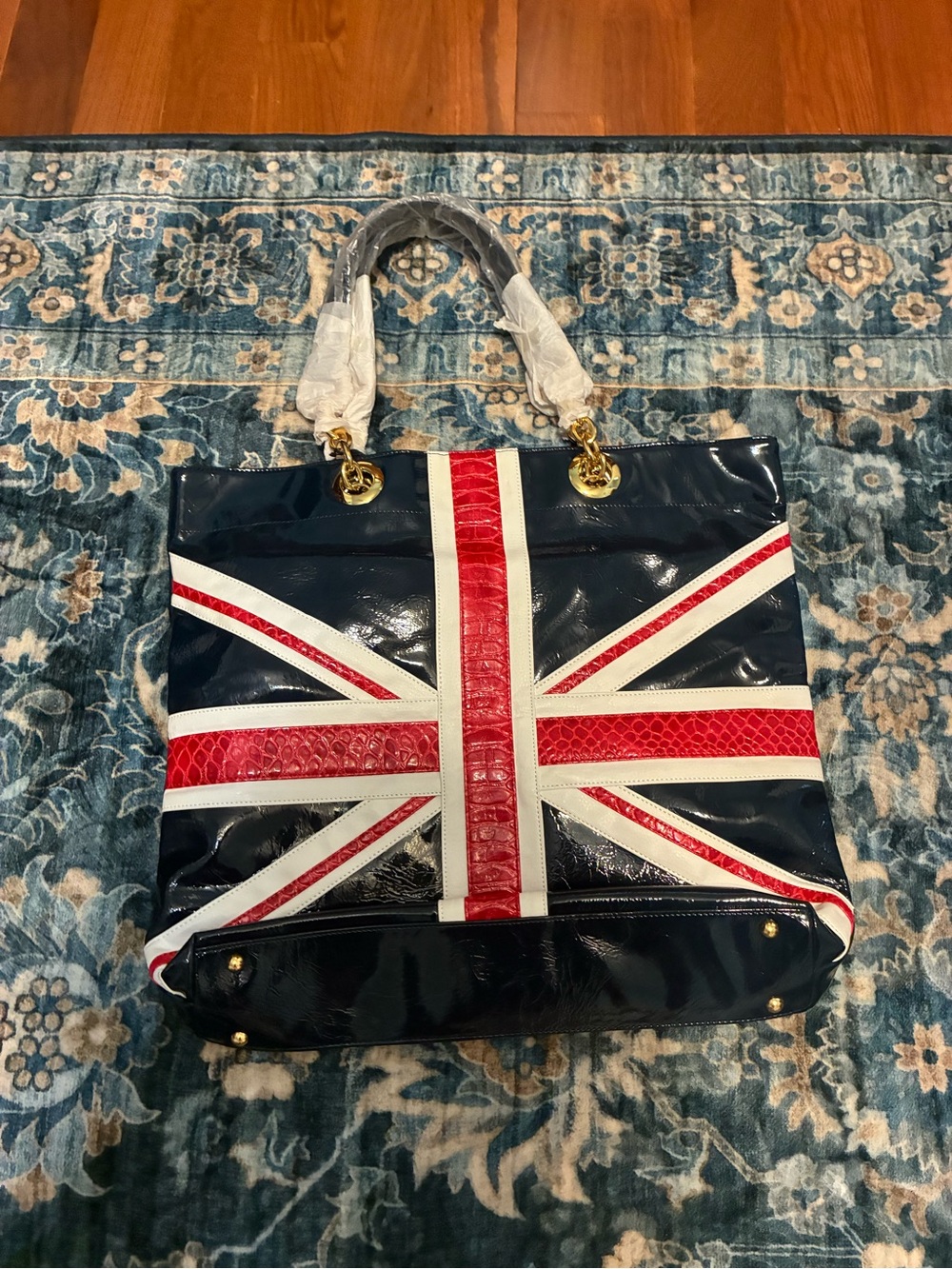 Twiggy London Navy Red White Union Flag Patent Tote Bag